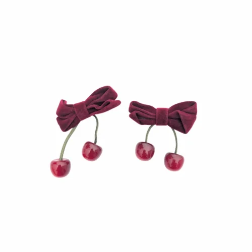 Cute Girl Burgundy Velvet Cherry Bow Hair Ties
