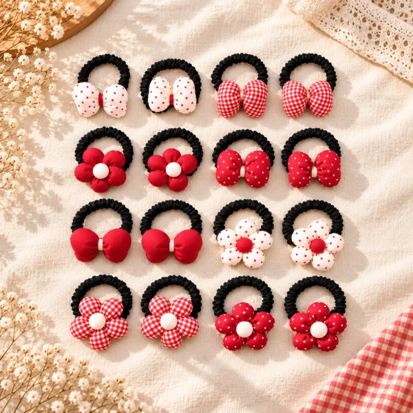 Aesthetic Classic Red Bow and Floral Scrunchie Hair Ties
