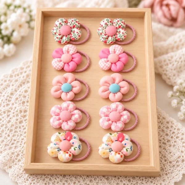 Aesthetic Pink Fabric Flower Hair Tie Set