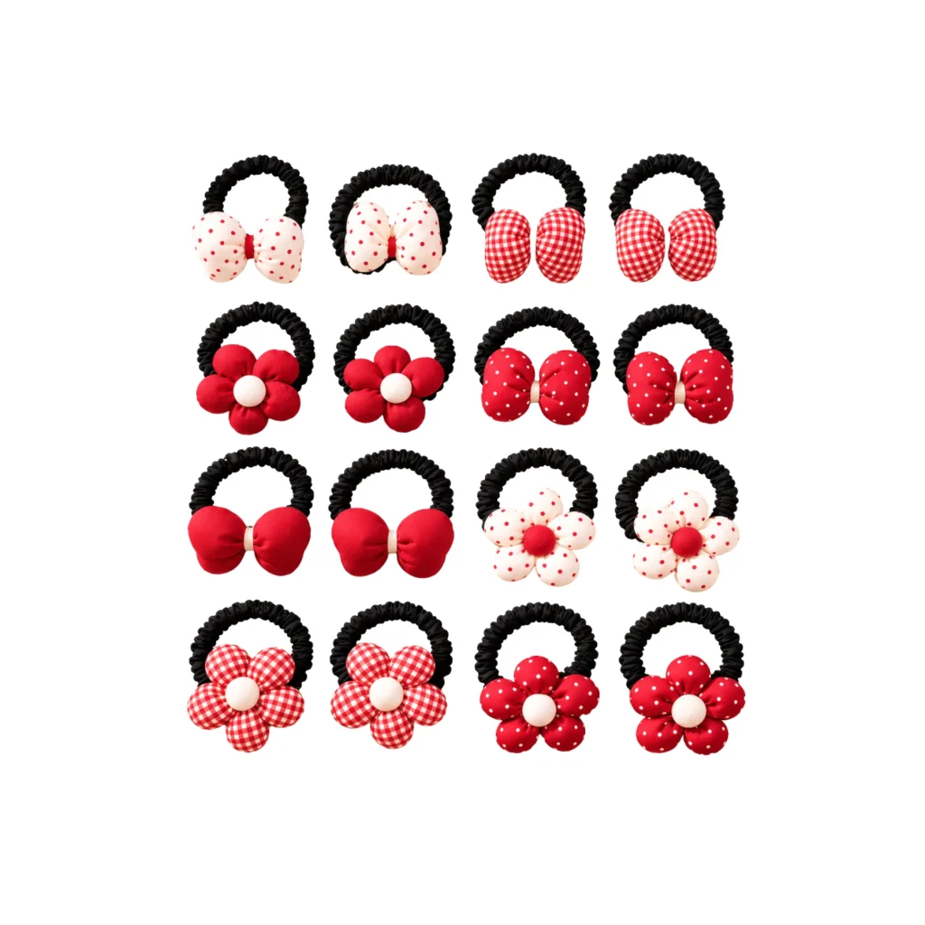 Classic Red Bow and Floral Scrunchie Hair Ties